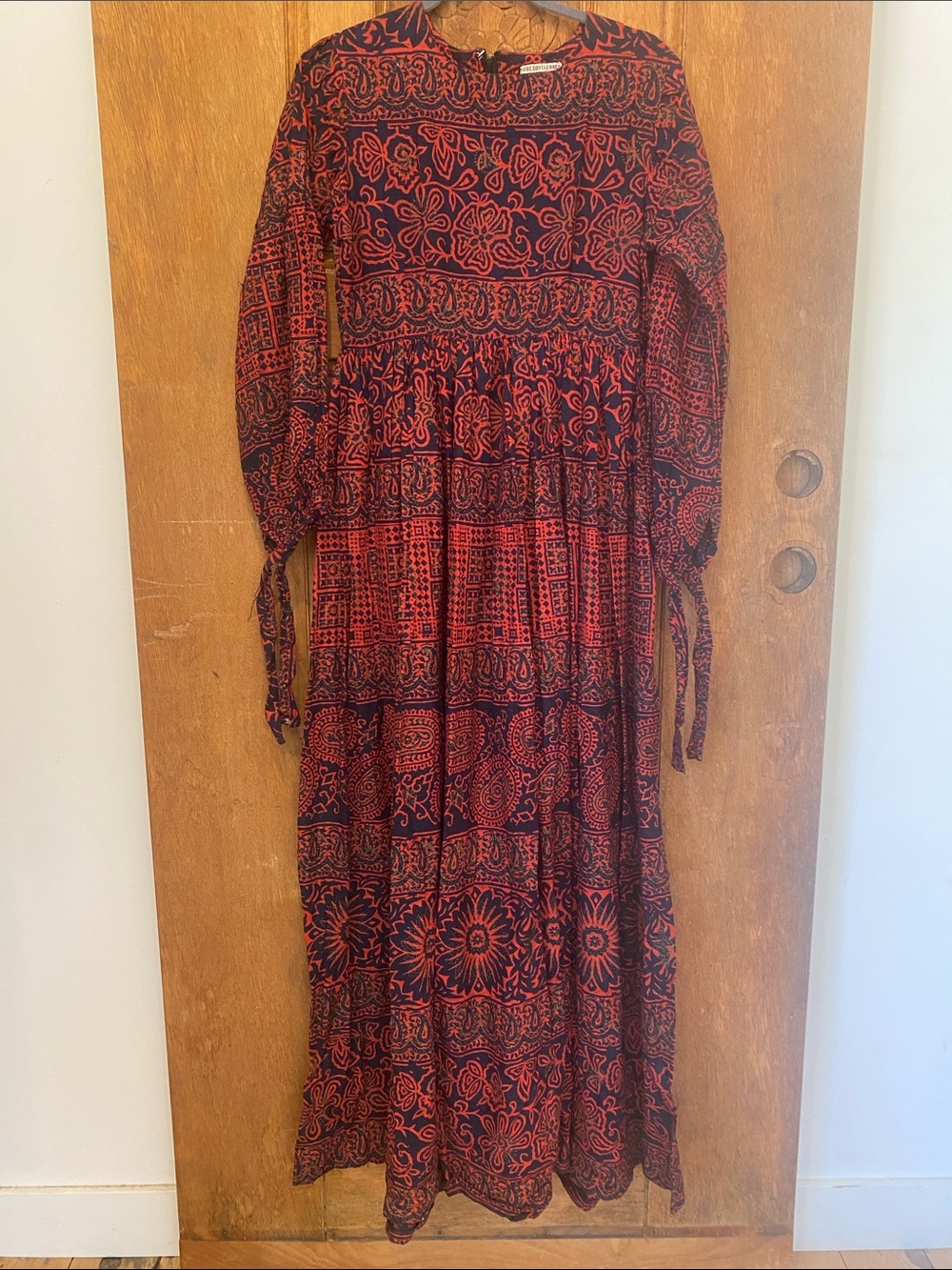 Vintage Karavan Indian dress Red blue Patterned Long Sleeve Maxi Dress cotton